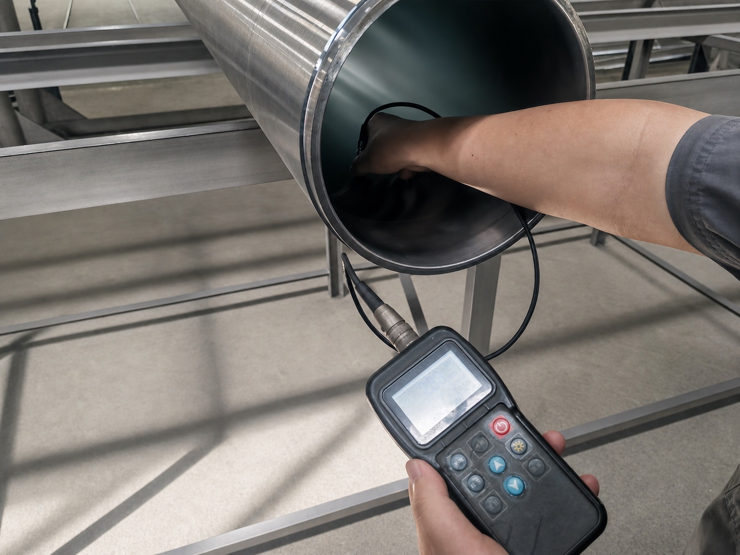 A real handheld gauge checking chrome plating thickness inside a Tianhou delivery cylinder